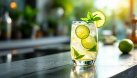 Cocktail pronto servito in bicchiere basso con lime.