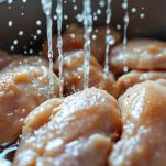 Cosce di pollo sotto acqua corrente