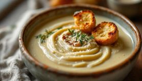 Vellutata cremosa servita in una ciotola con crostini