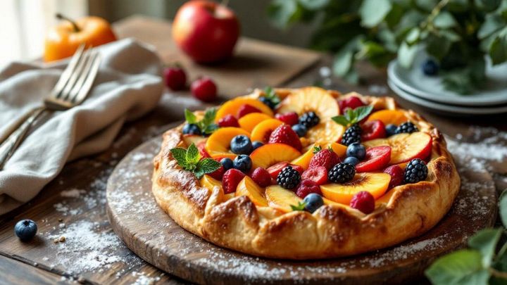 Crostata alla frutta servita su piatto da dessert.