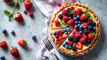 Crostata con crema e frutti di bosco colorati