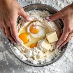 Impasto di farina e uova lavorato sul piano.