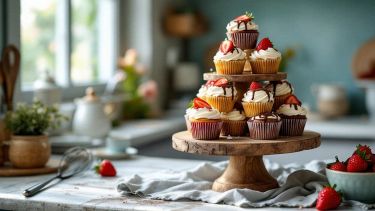 upcake decorati con panna e fragole su piatto da dessert.