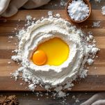 preparazione fiadone con farina e uova e olio