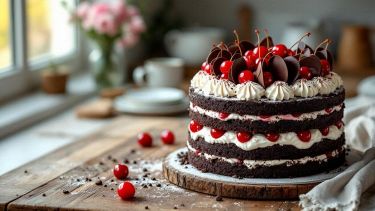 Torta Foresta Nera decorata con panna e ciliegie.