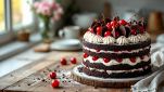 Torta Foresta Nera decorata con panna e ciliegie.