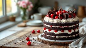 Torta Foresta Nera decorata con panna e ciliegie.