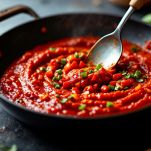 Composto di peperoni mescolato in padella.