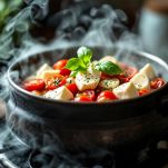 Formaggi e pomodori con basilico nella ciotola