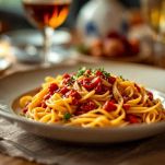 Piatto di spaghetti freschi con pomodoro e formaggio