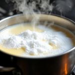 Mescolate in una casseruola il latte, un cucchiaio di zucchero, il sale e il burro