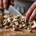 Funghi freschi tagliati a fettine sottili.