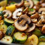 Funghi e zucchine rosolati insieme in padella.