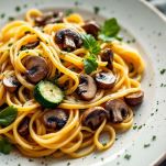 Piatto di tagliatelle decorate con basilico fresco.