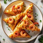Piatto di toast di gamberetti pronto da gustare.