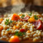 Zuppa di farro con verdure e osso di prosciutto pronta