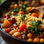 Zuppa di farro con verdure e osso di prosciutto in cottura
