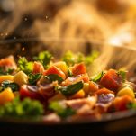 verdure e prosciutto crudo in una pentola