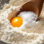 Una frusta a mano che mescola tuorli d'uovo, zucchero e farina in una ciotola di vetro fino a formare una pastella liscia.