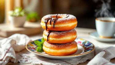 Donut dorati serviti su vassoio con zucchero a velo.