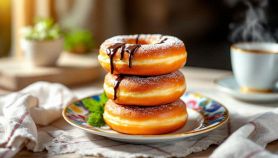 Donut dorati serviti su vassoio con zucchero a velo.
