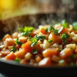 Soffritto in fase di preparazione in un tegame.