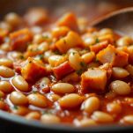 Piatto finale di fagioli con cotiche pronto per essere servito.