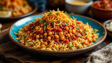 Koshari con riso pasta legumi e pomodoro