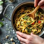 Pasta e verdure condite con pesto