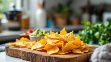 Nachos serviti con salsa guacamole e formaggio.