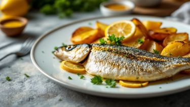 Orate al cartoccio servite con limone e patate.