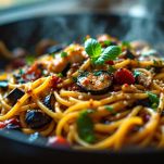 spaghetti con pesce spada olive taggiasche e melanzane