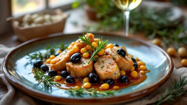 Piatto di coniglio alle olive pronto da servire.