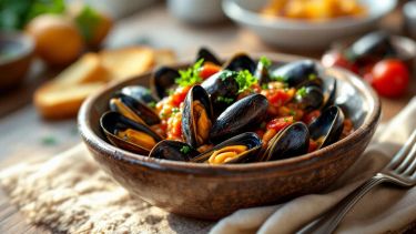 Piatto di cozze alla marinara servite con sughetto.