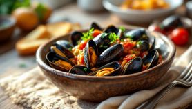 Piatto di cozze alla marinara servite con sughetto.