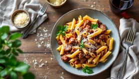 Piatto di pasta alla genovese servita con formaggio.