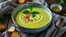 Vellutata di zucchine servita con crostini.