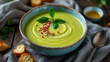 Vellutata di zucchine servita con crostini.