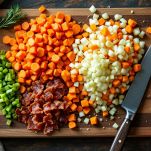 Cubetti di verdure e pancetta che sfrigolano in un tegame con olio.