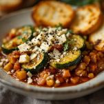 Piatto fondo con zucchine in umido, formaggio grattugiato e pane tostato a lato.
