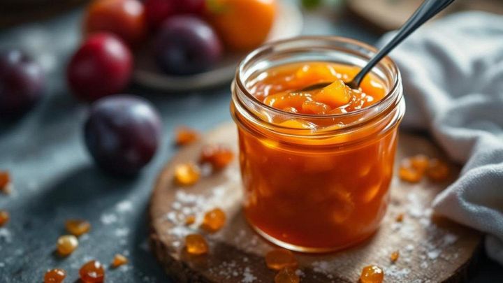 Vasetto di marmellata di susine con frutta fresca accanto
