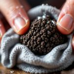 Tartufo nero pulito con parte grattugiata e parte tagliata a pezzetti su tagliere