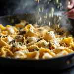 Pasta che viene mantecata in padella con tartufo nero