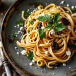 Piatto di pasta al tartufo nero con ricotta ed erbe aromatiche