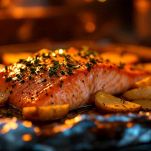 Cottura del salmone e delle patate in forno