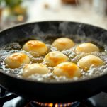 Castagnole che friggono in olio bollente.