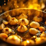 Pentola con soffritto di aglio, prezzemolo tritato e passata di pomodoro