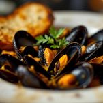 Piatto fondo con cozze in guazzetto di pomodoro accompagnate da fette di pane tostato