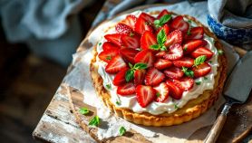 crostata allo yogurt e fragole su piatto.