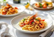 Piatto di spaghetti allo scoglio con gamberi, cozze e vongole.